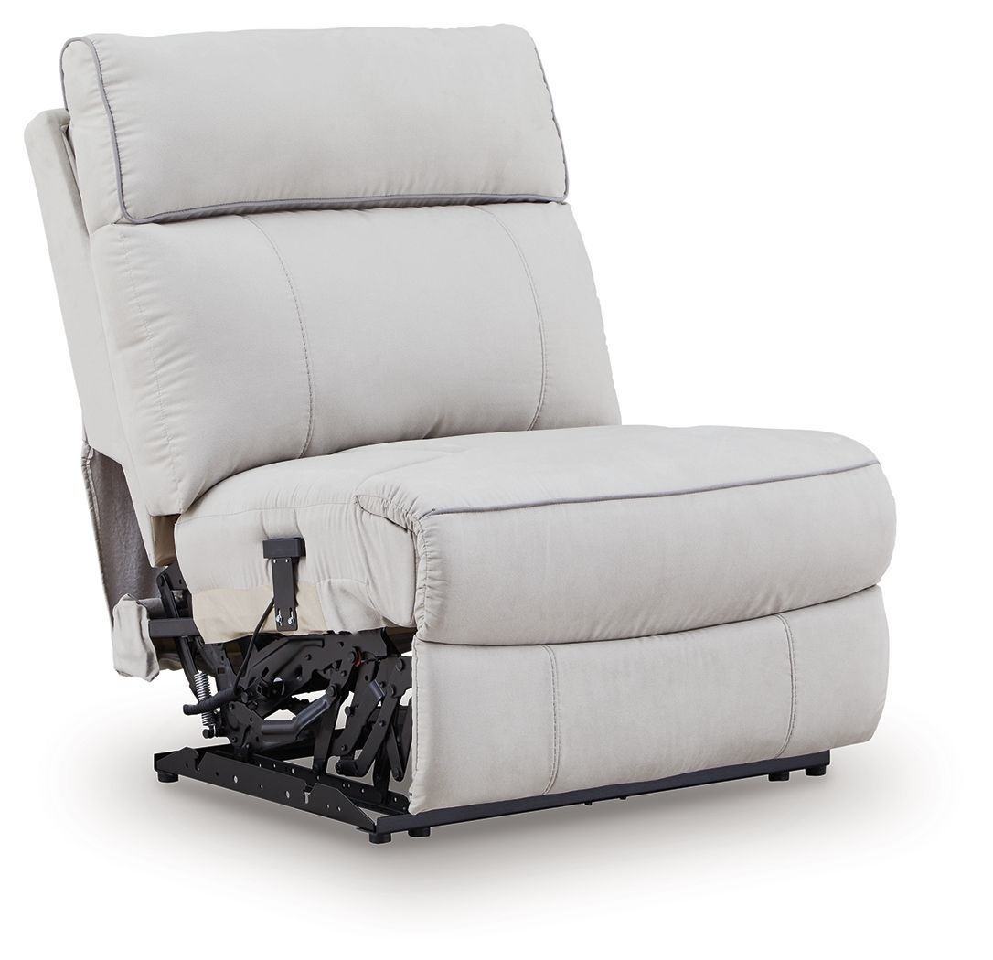 Power armless recliner in light gray with padded adjustable headrest