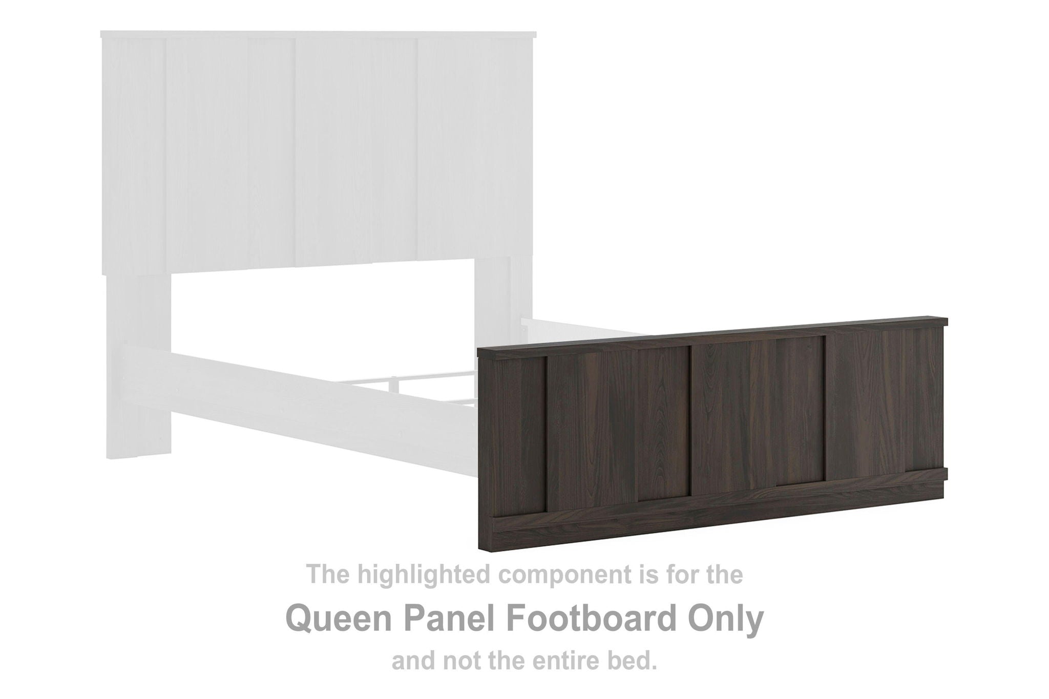 Queen panel footboard in dark brown wood with raised vertical panel design
