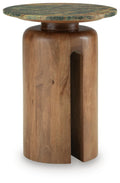 Brown wood accent table with circular green marbled top and pedestal base