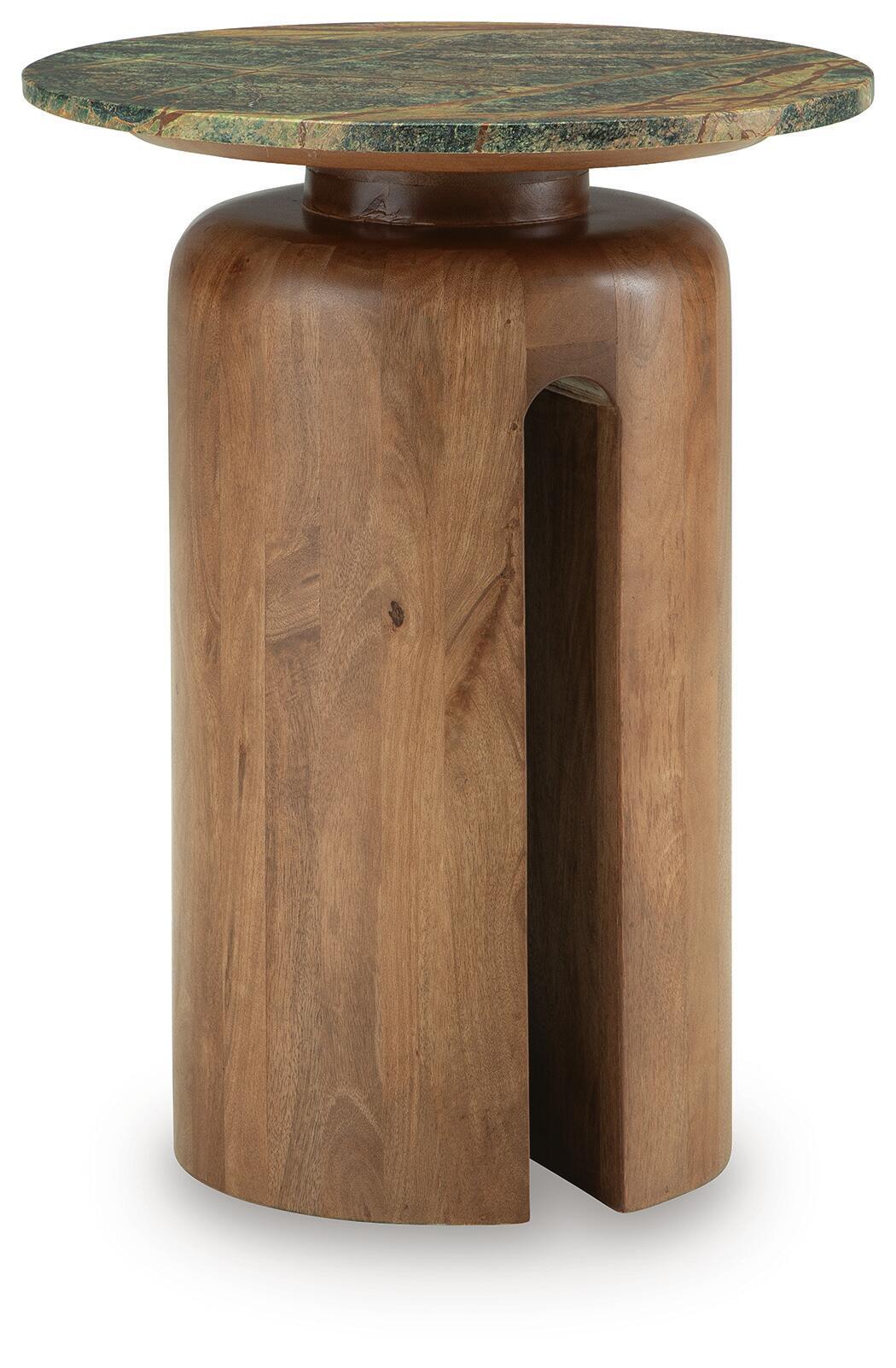 Brown wood accent table with circular green marbled top and pedestal base