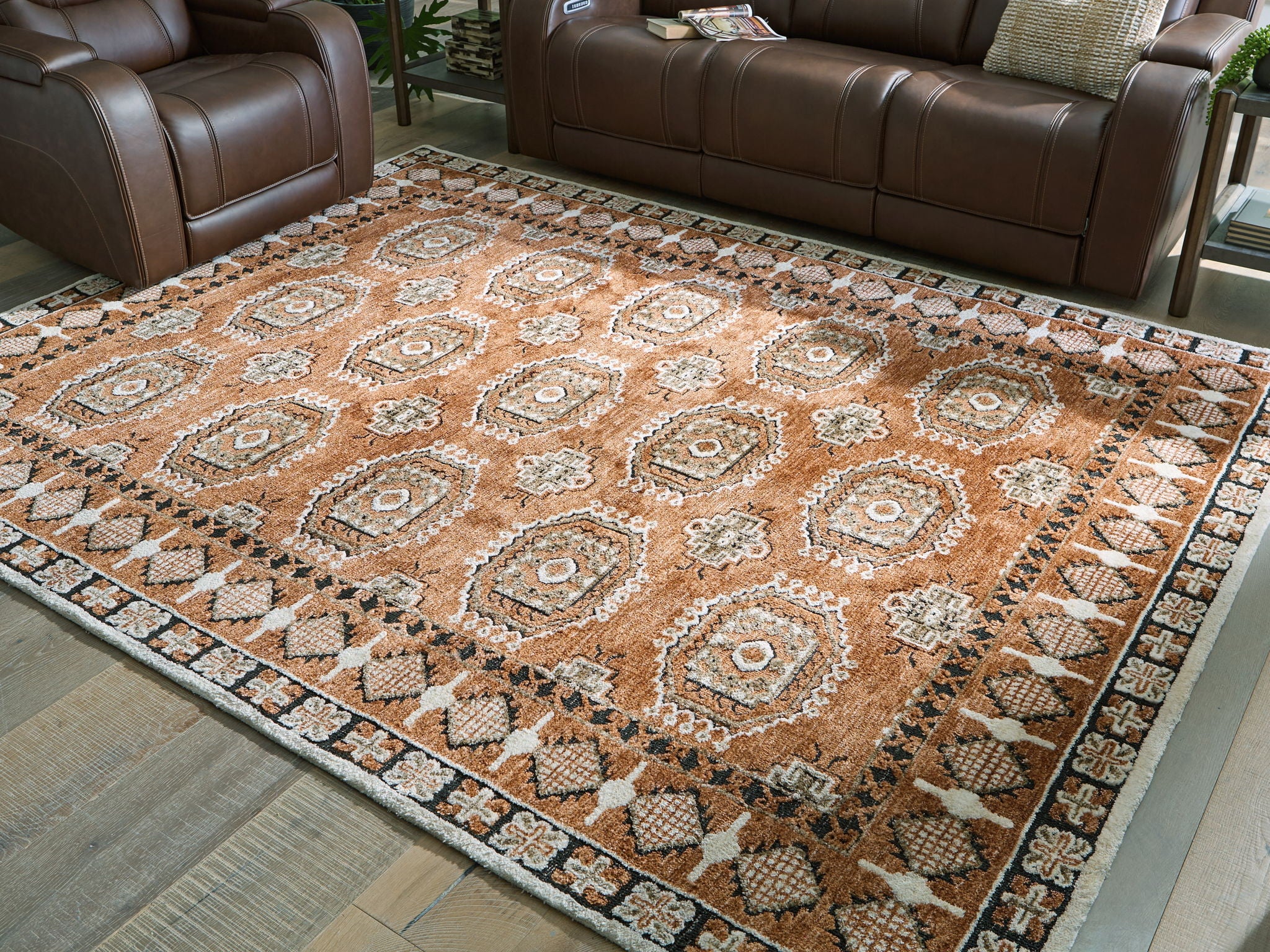 Brown area rug with repeating circular medallions and detailed border, flat woven texture.