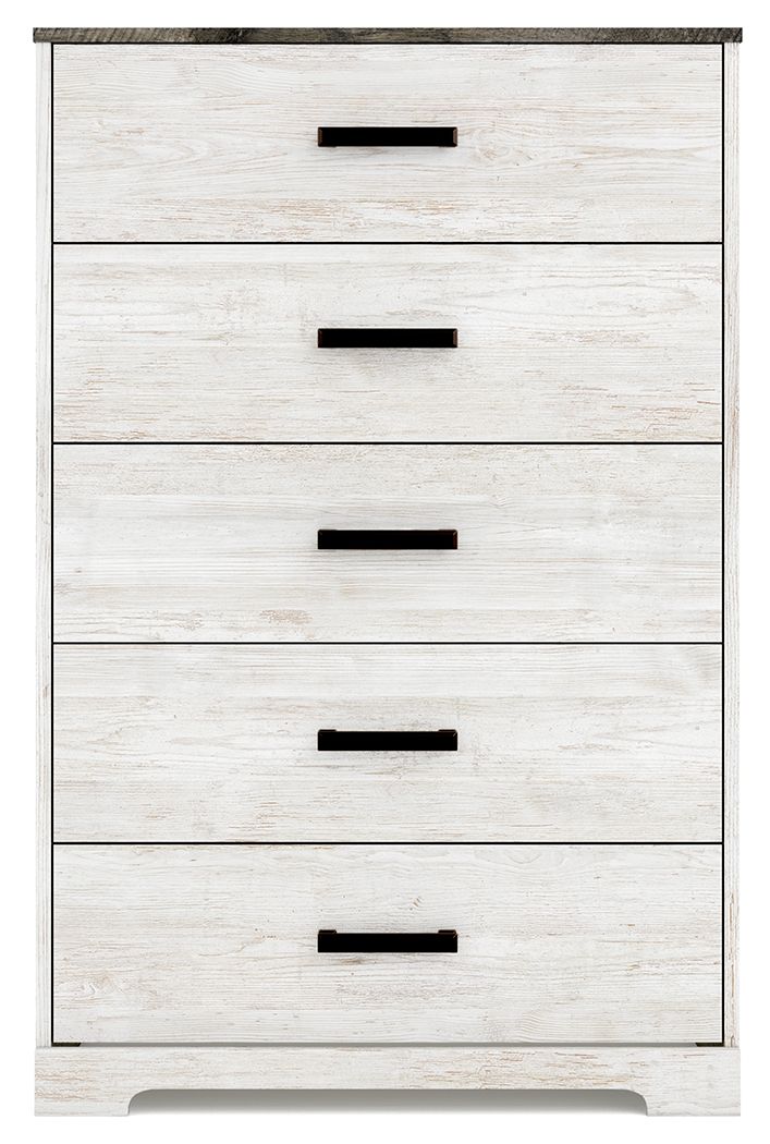 Whitewash drawer chest with four visible drawers and dark bar handles, front close-up
