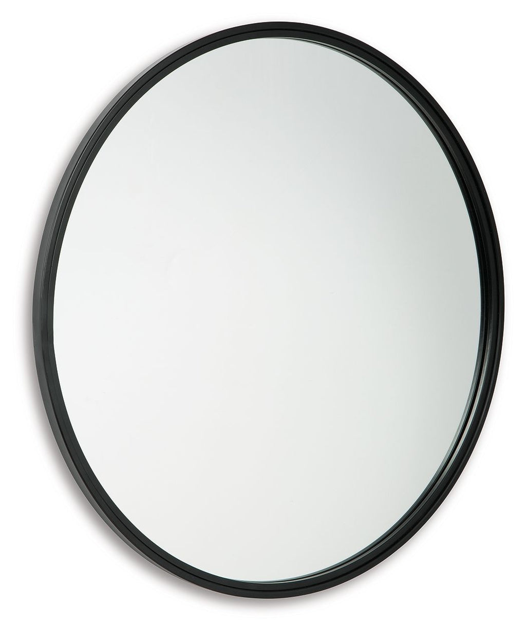 Brocky round black accent mirror, centered view with slim rim