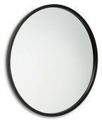 Brocky round black accent mirror, centered view with slim rim