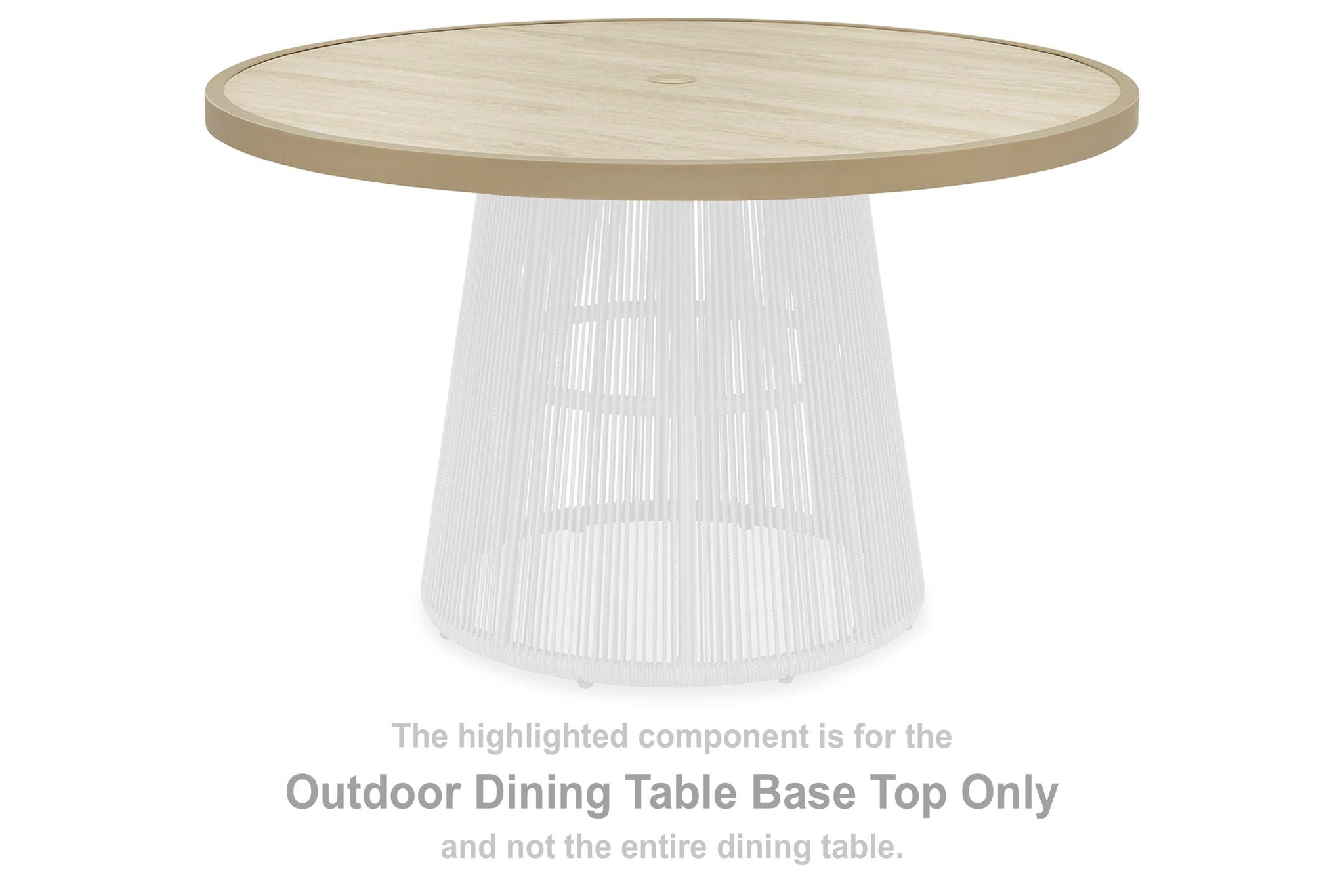 Round beige dining table top with white pedestal base