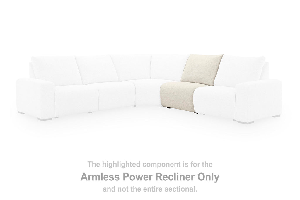 Armless power recliner component highlighted on a white sectional sofa set