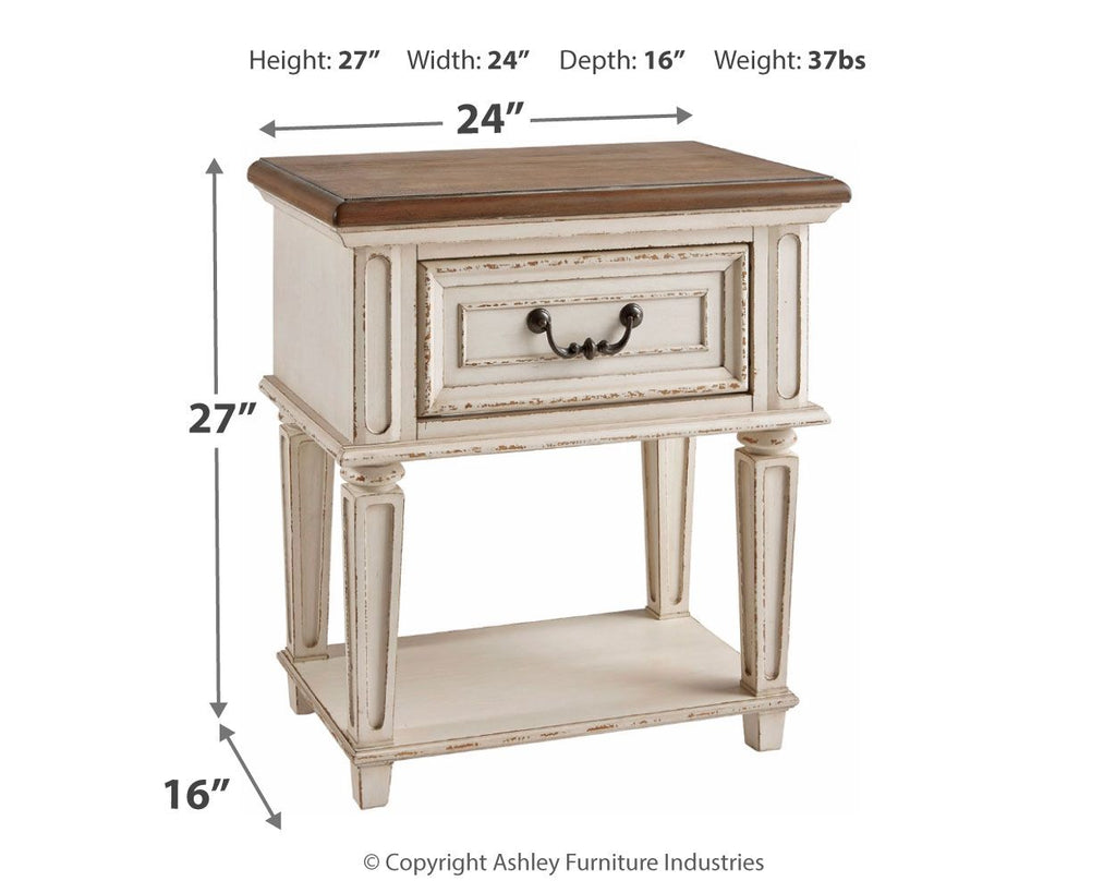 Distressed white night stand with brown wood top and drawer with black hooks