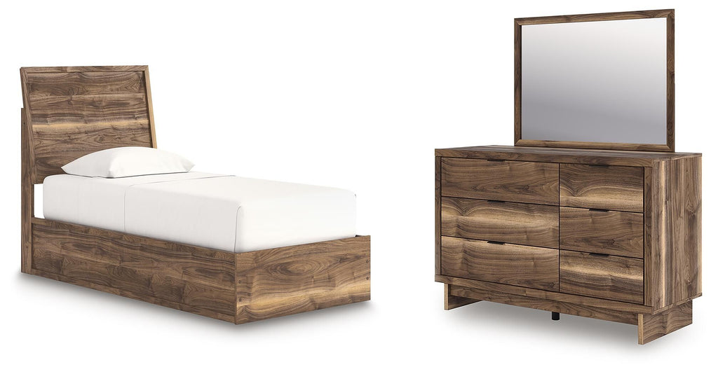 Dark brown panel platform bed with white mattress and wood dresser with framed mirror