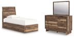 Dark brown panel platform bed with white mattress and wood dresser with framed mirror