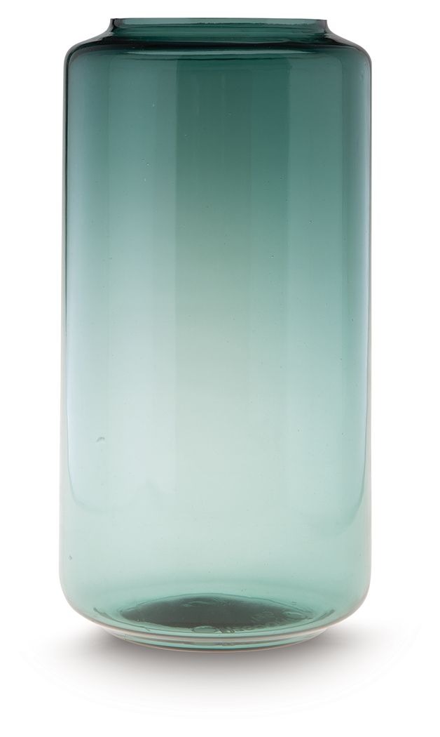 Teal glass vase with tall, cylindrical shape and wide mouth