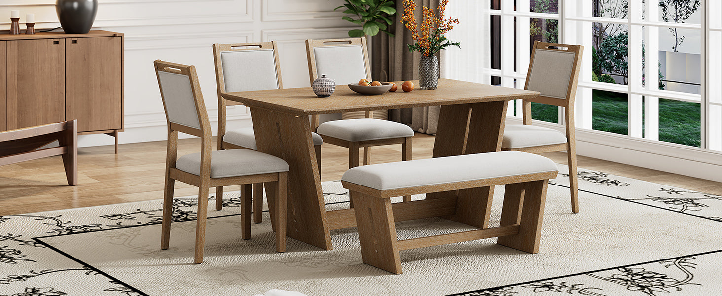 6-Pc Retro Dining Set w/ Bench - Natural Wood