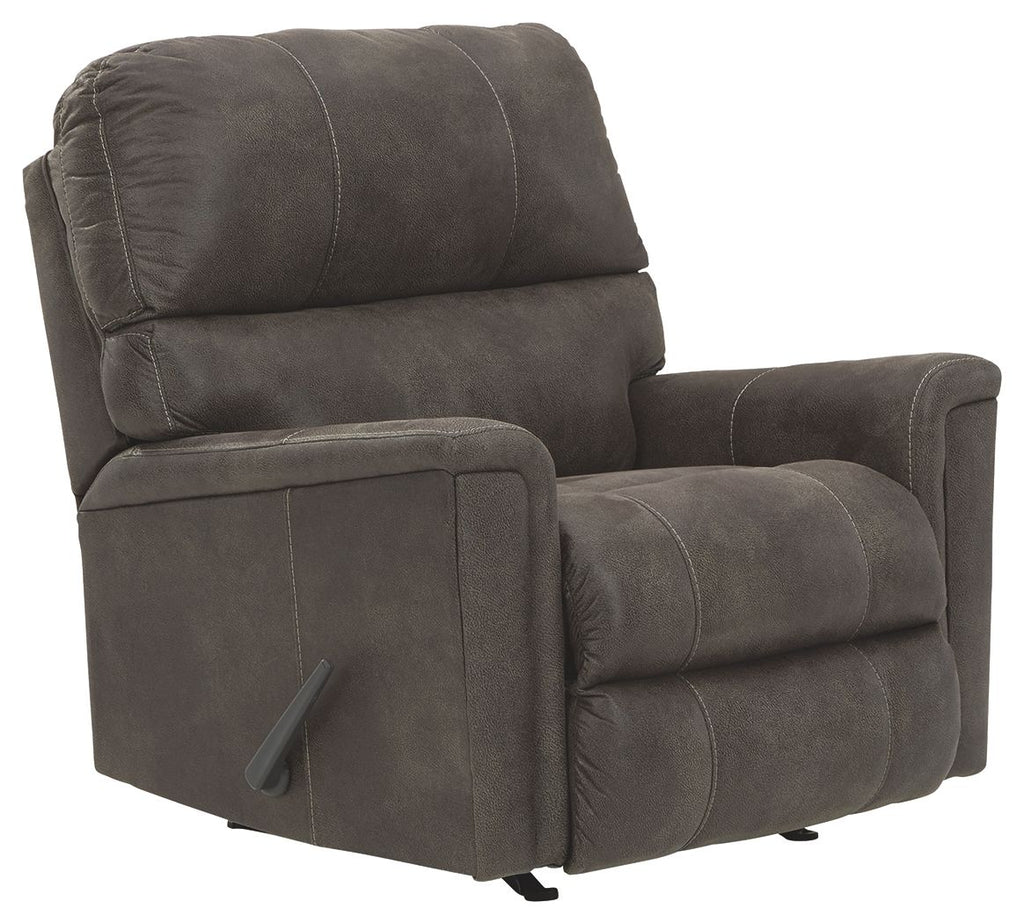 Smoke rocker recliner chair with side lever, padded arms, and button-like stitching