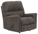 Smoke rocker recliner chair with side lever, padded arms, and button-like stitching