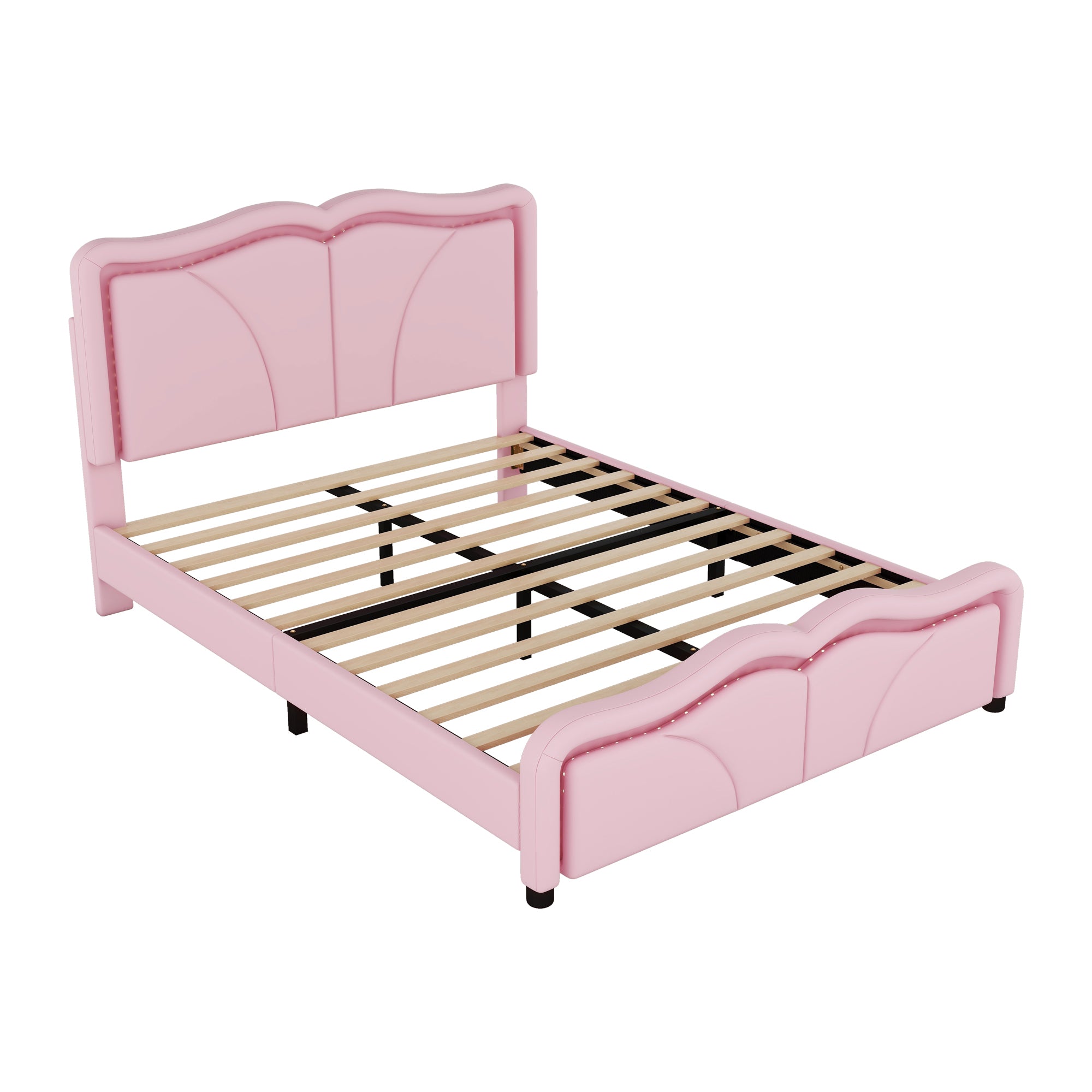 Upholstered Platform Bed: Curved, Adjustable Headboard, LED Lights