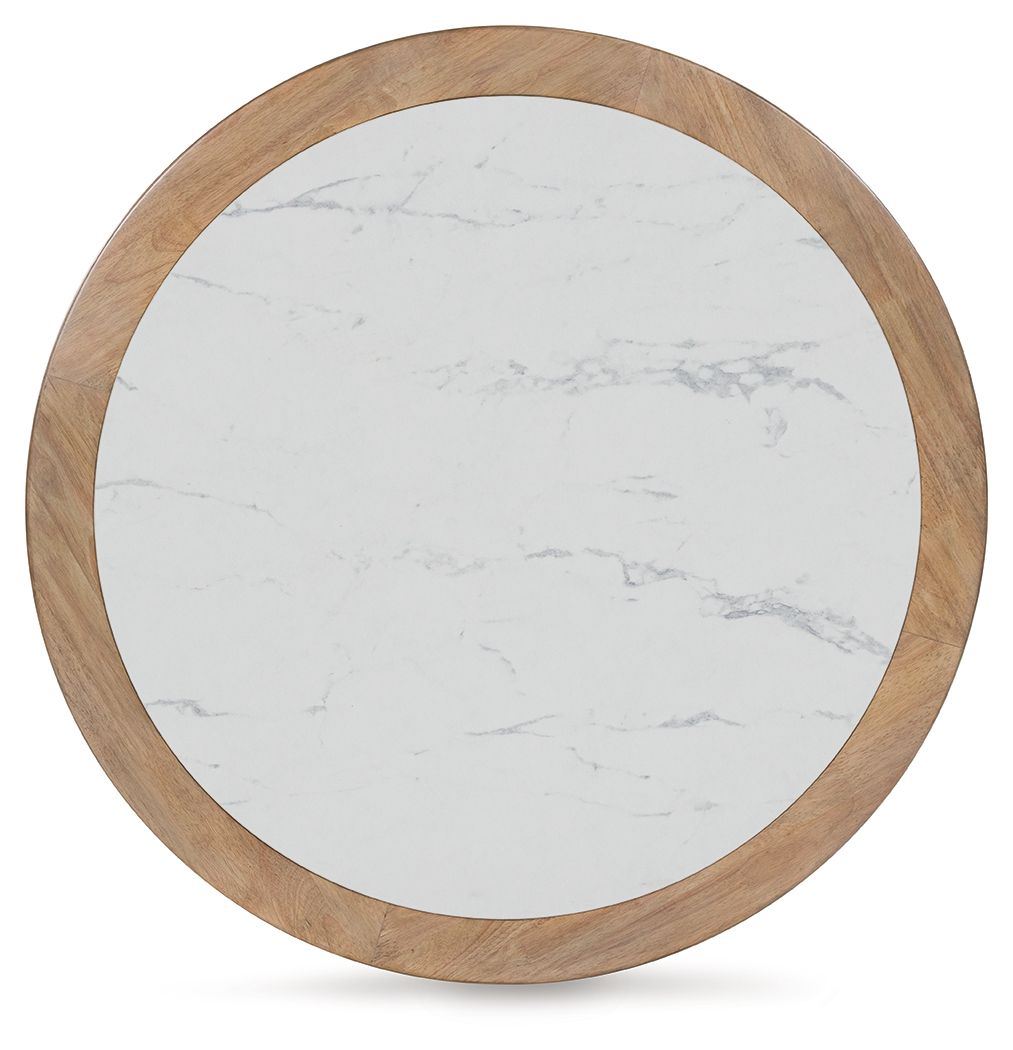 Round cocktail table top with light brown wood ring and white marble-look center