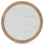 Round cocktail table top with light brown wood ring and white marble-look center