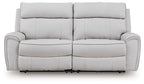 Light gray reclining sectional sofa with padded armrests and two back cushions