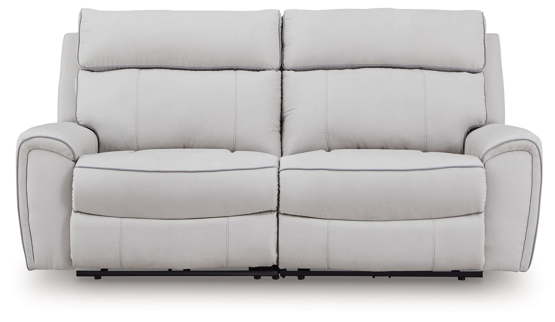 Light gray reclining sectional sofa with padded armrests and two back cushions