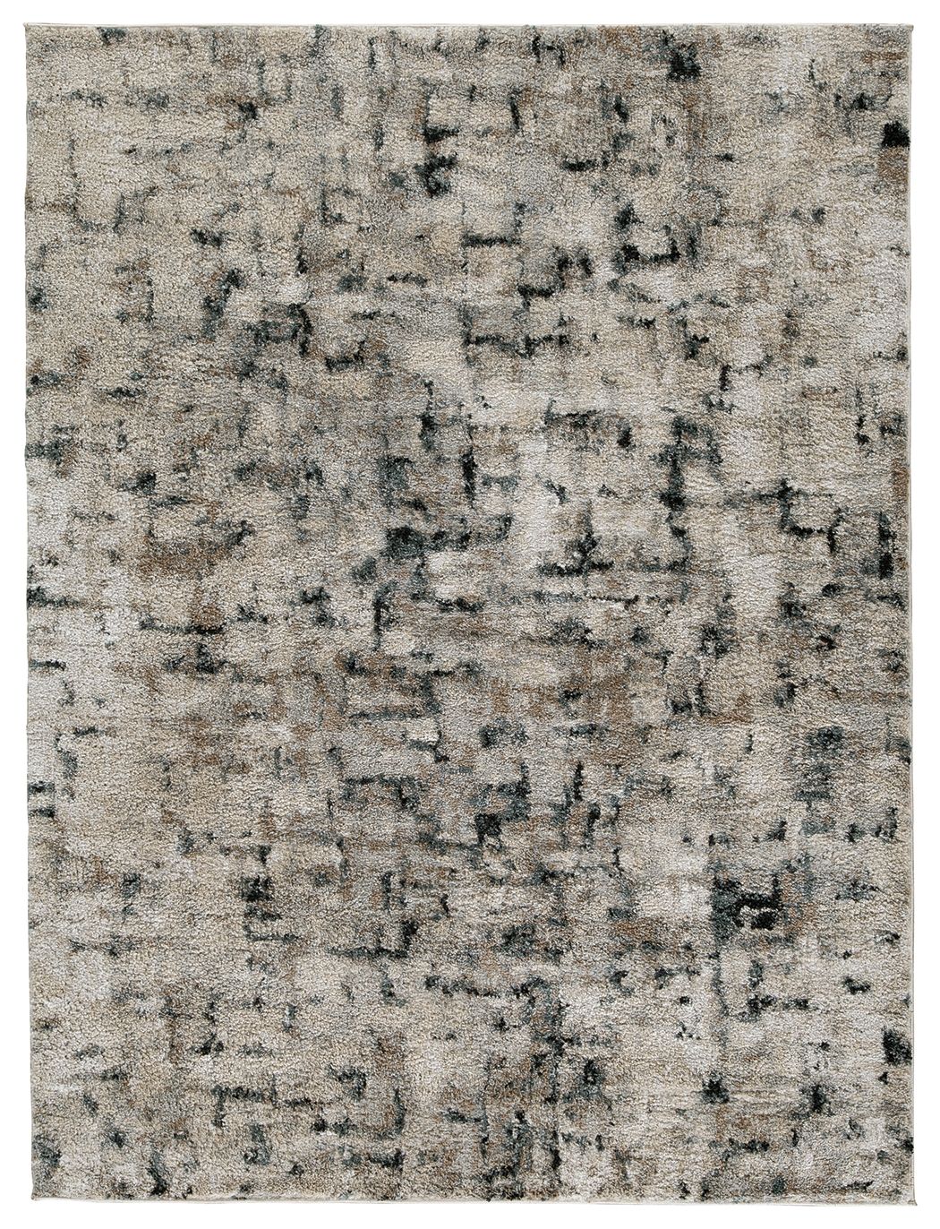 Rectangular area rug with distressed abstract pattern in off-white and dark grey
