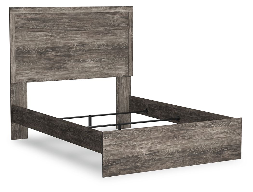 Panel bed with dark gray woodgrain headboard and footboard, metal slats under the frame