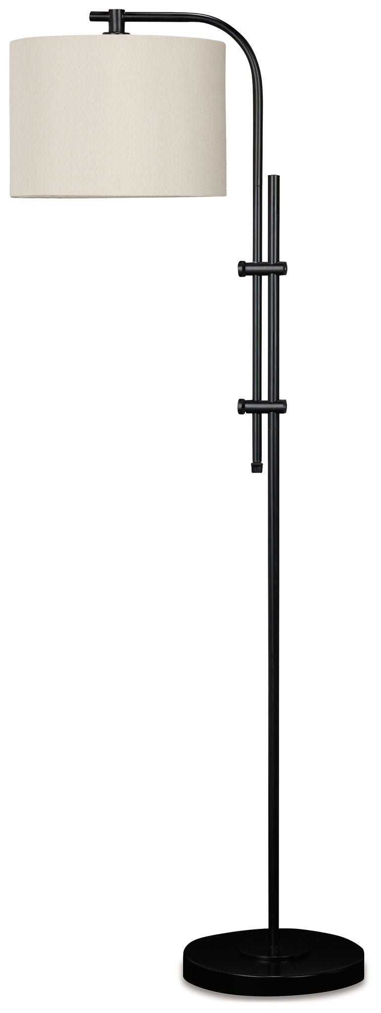 Black metal floor lamp with rectangular cream fabric shade and arched arm