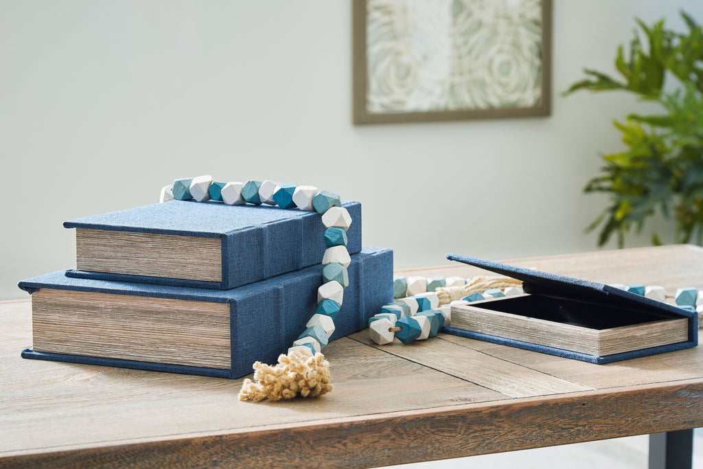 Decorative box set with blue fabric-lidded boxes and wood-textured sides.