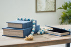 Decorative box set with blue fabric-lidded boxes and wood-textured sides.