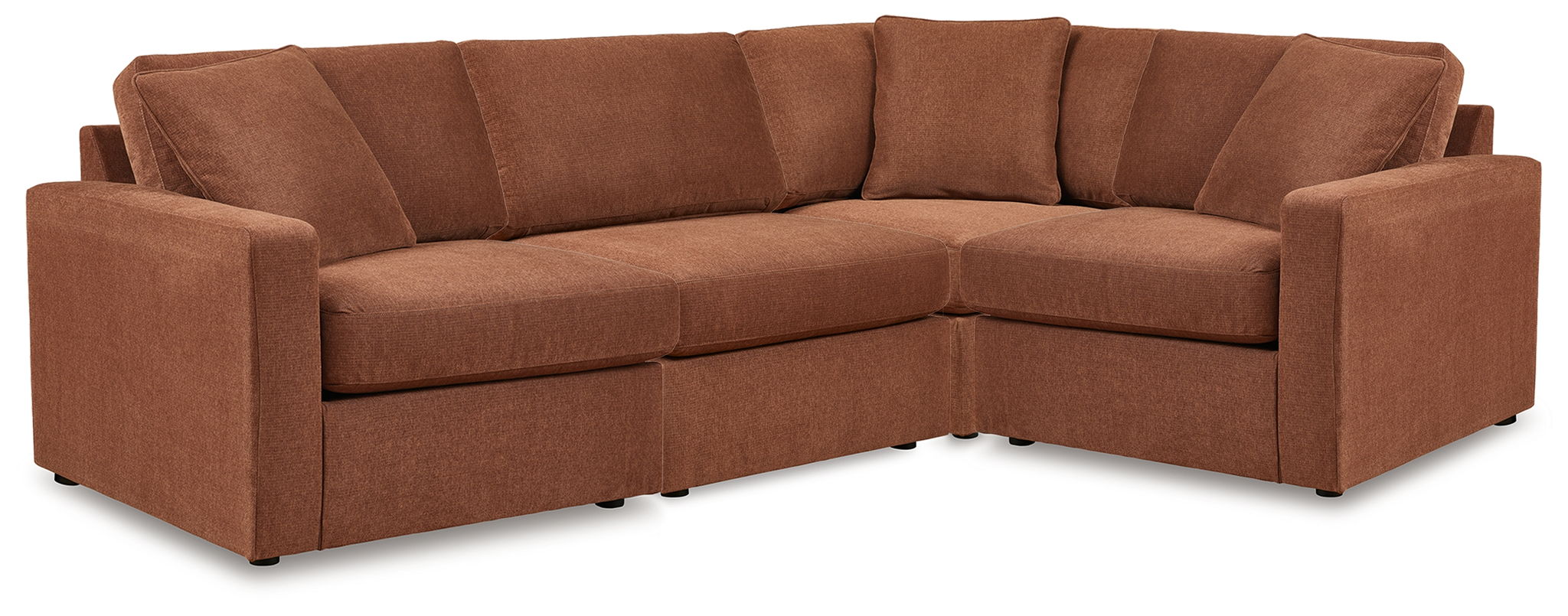 Brown fabric sectional sofa with wedge corner, box cushions, and track arms