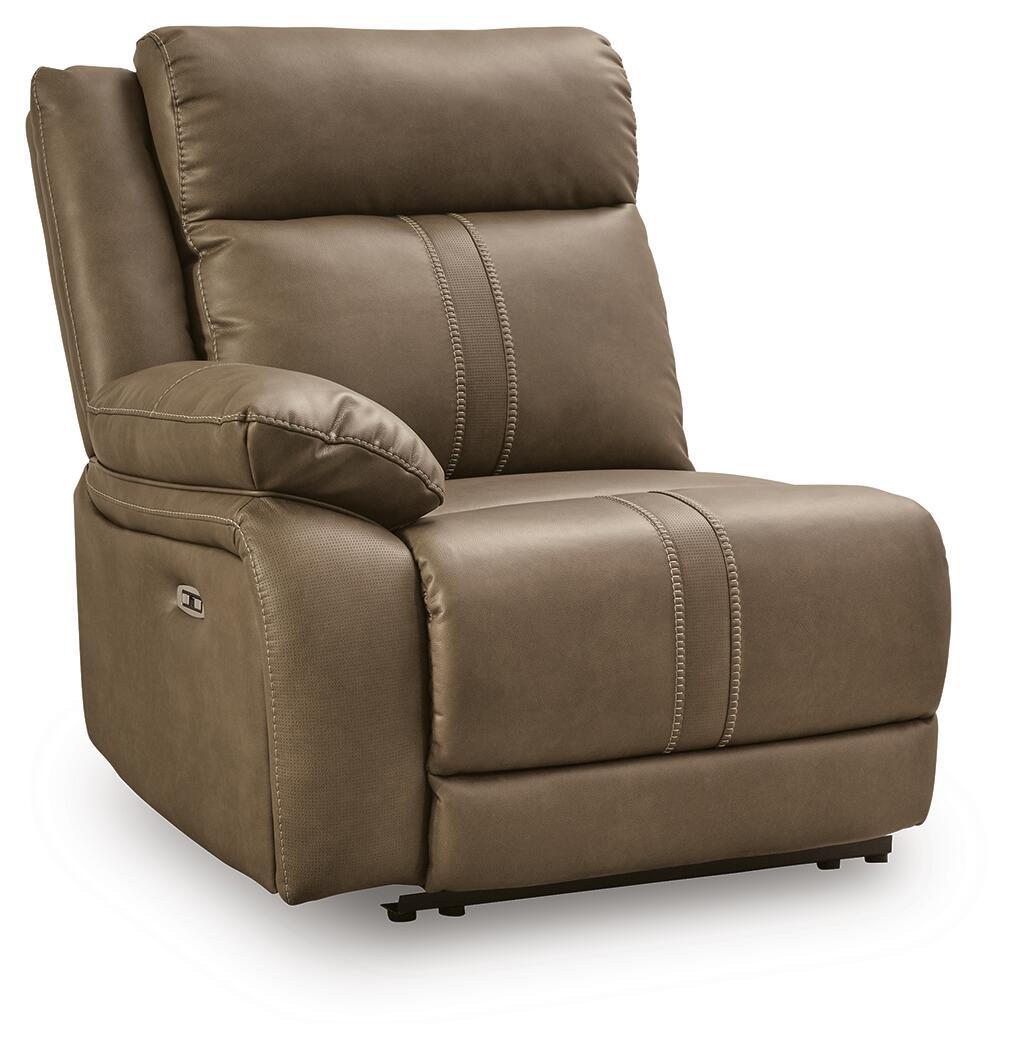 Biscotti beige power recliner chair with padded armrests and stitched back cushion