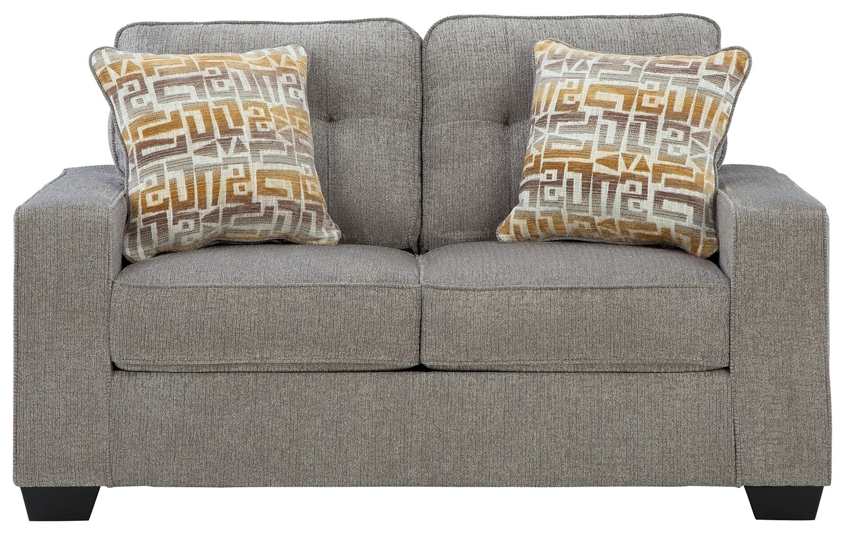 Gray upholstered loveseat with two square geometric-pattern throw pillows