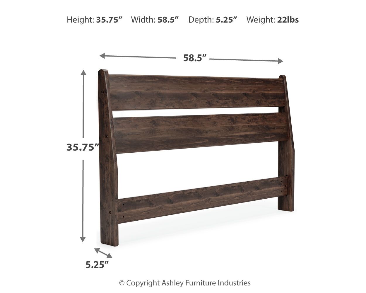 Light brown wood panel headboard shown with height and width measurements