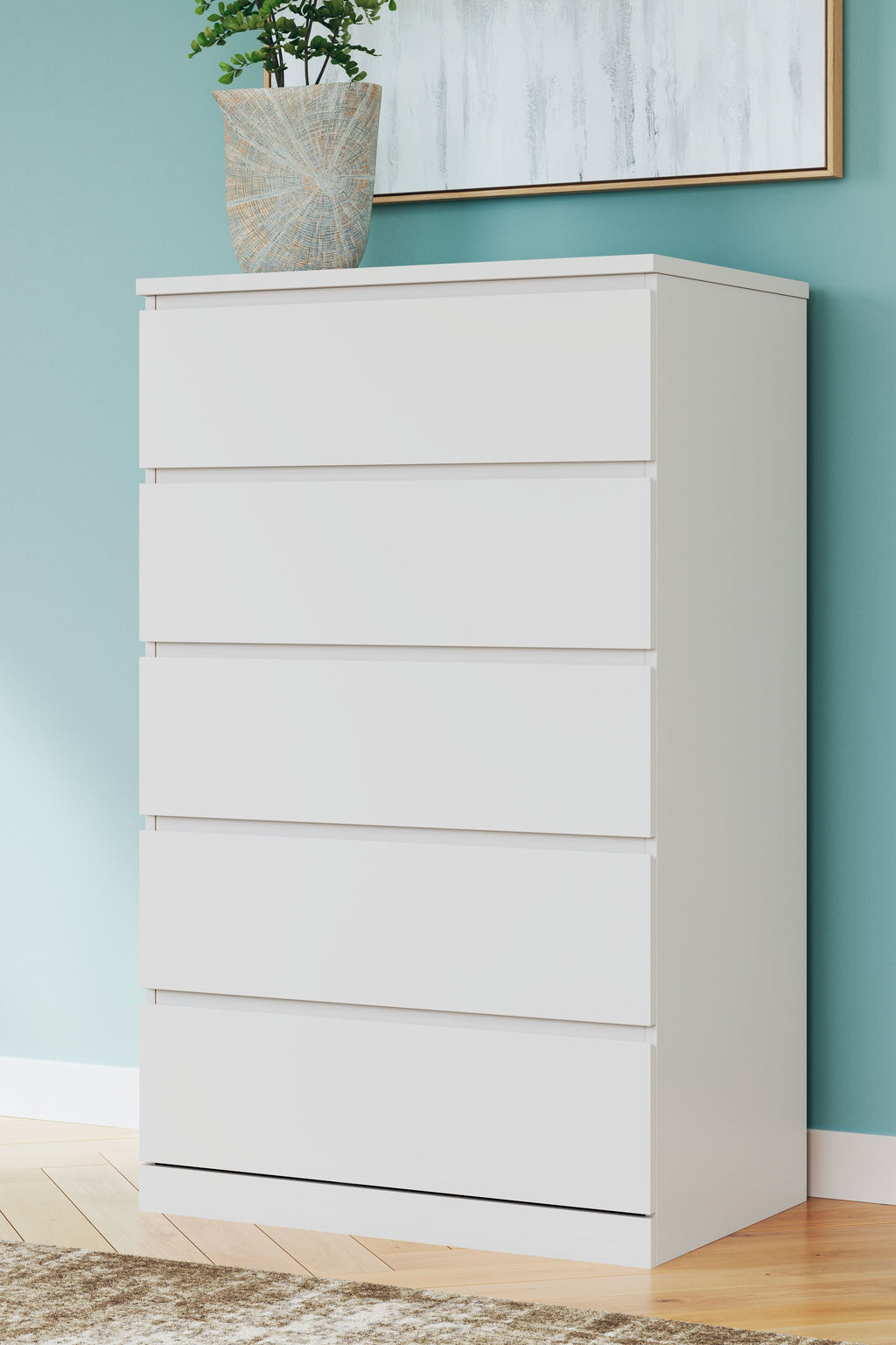 White five-drawer chest with five stacked drawer fronts