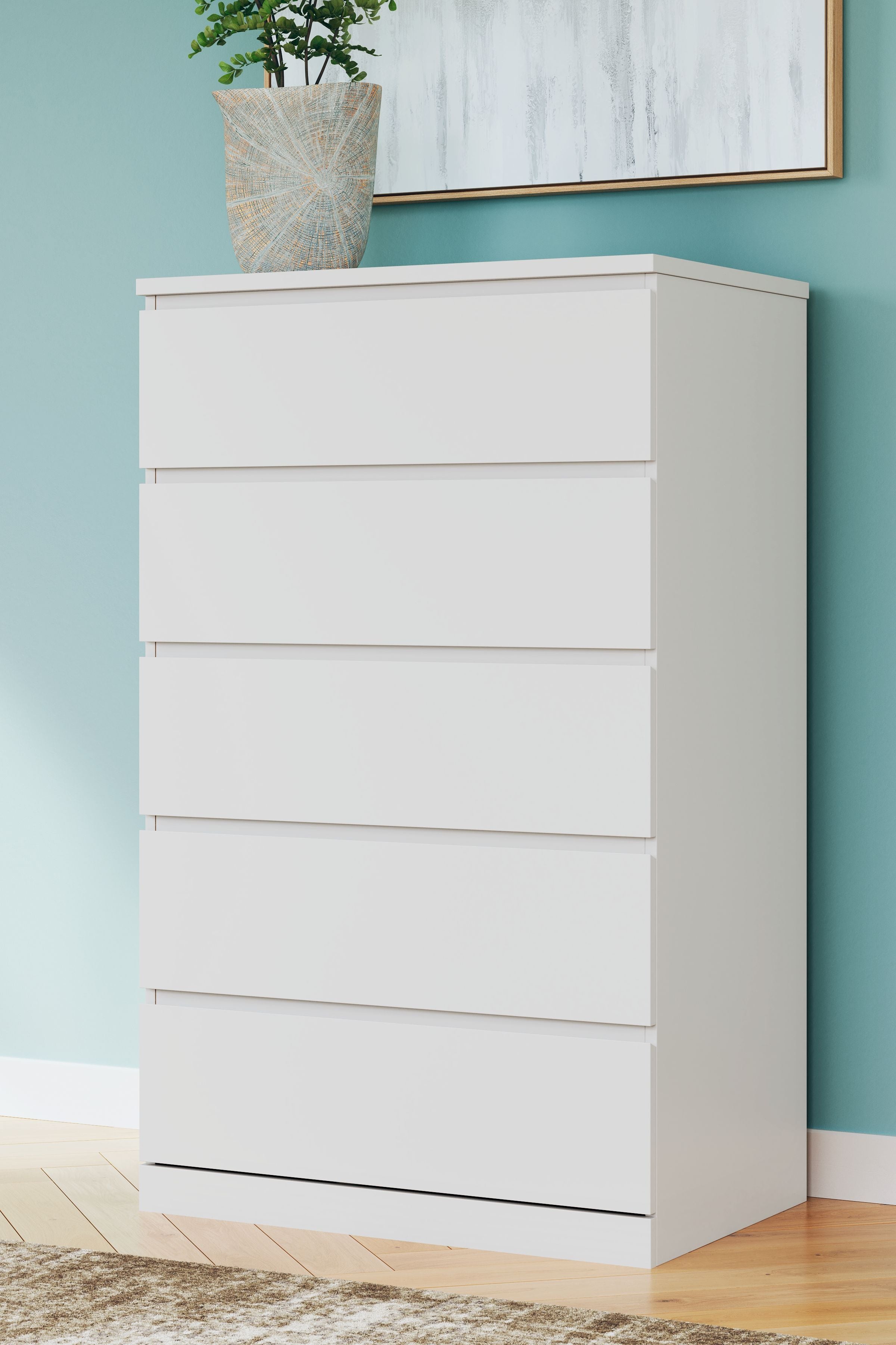 White five-drawer chest with five stacked drawer fronts