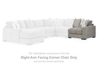 Right-arm corner chair component in light gray with seat cushion and throw pillows