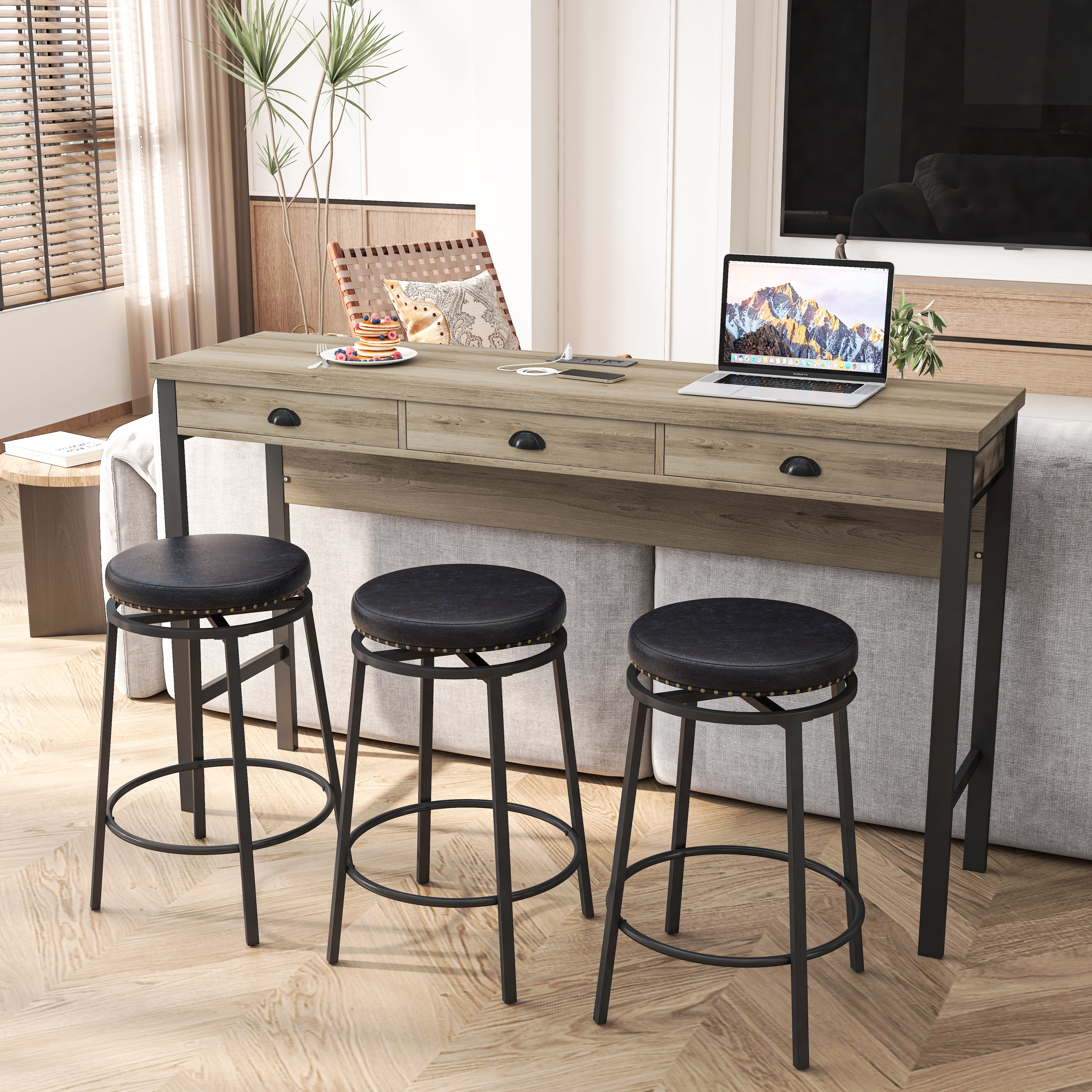 3-Drawer Dining Table Set w/ Power Outlets & Stools