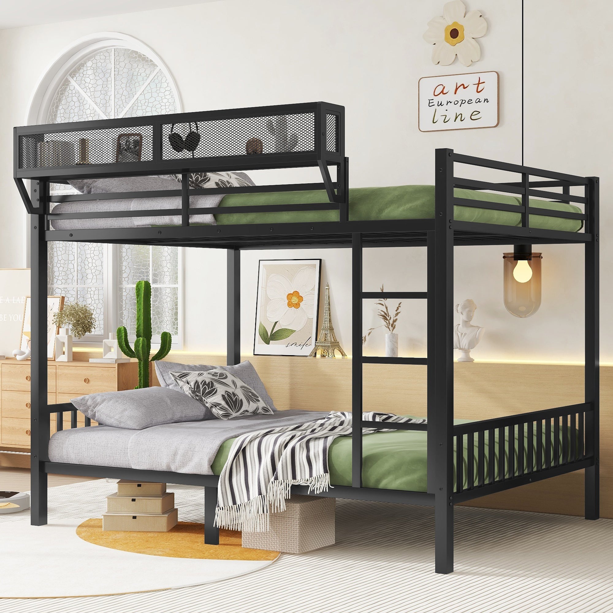 Black Queen Over Queen Metal Bunk Bed with Storage Shelf & Ladder