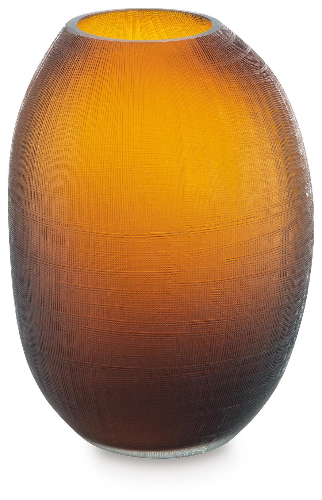 Embersen vase, ribbed dark brown to amber body with wide orange mouth.