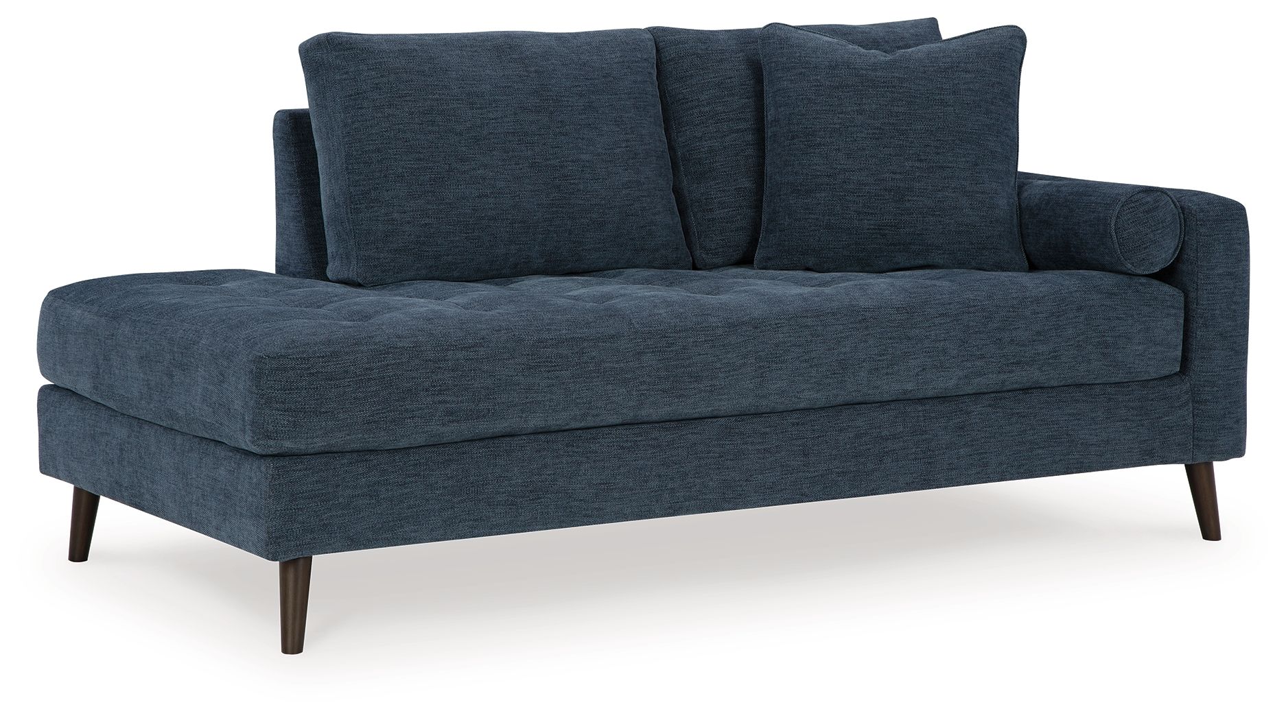 Blue corner chaise sofa with two back cushions and tapered wooden legs