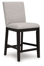 Upholstered barstool chair with light gray fabric seat and dark wood legs