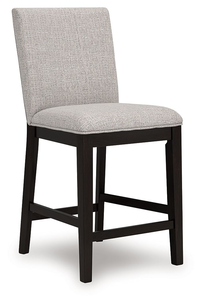 Upholstered barstool chair with light gray fabric seat and dark wood legs