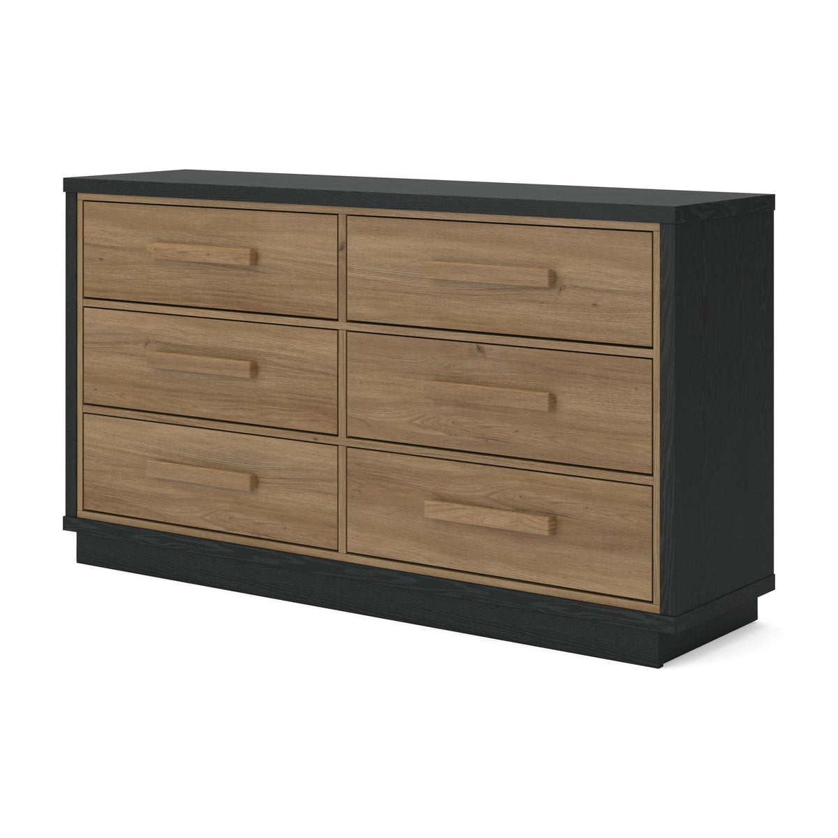 Six-drawer dresser with black sides, light wood drawer fronts, simple bar handles