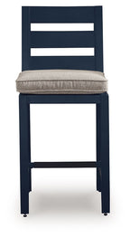 East Beach blue barstool with gray padded seat and tall slatted back