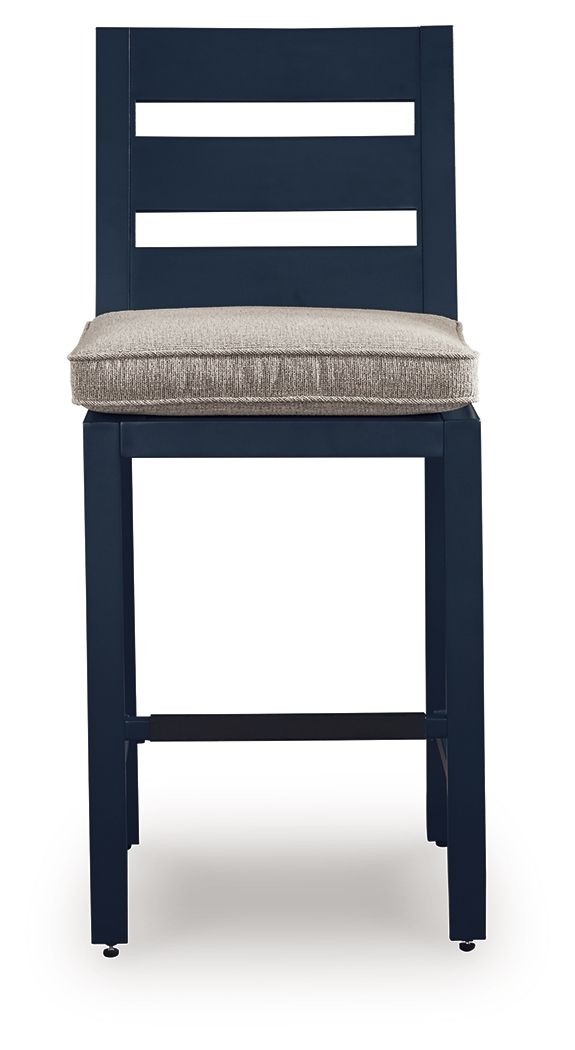East Beach blue barstool with gray padded seat and tall slatted back