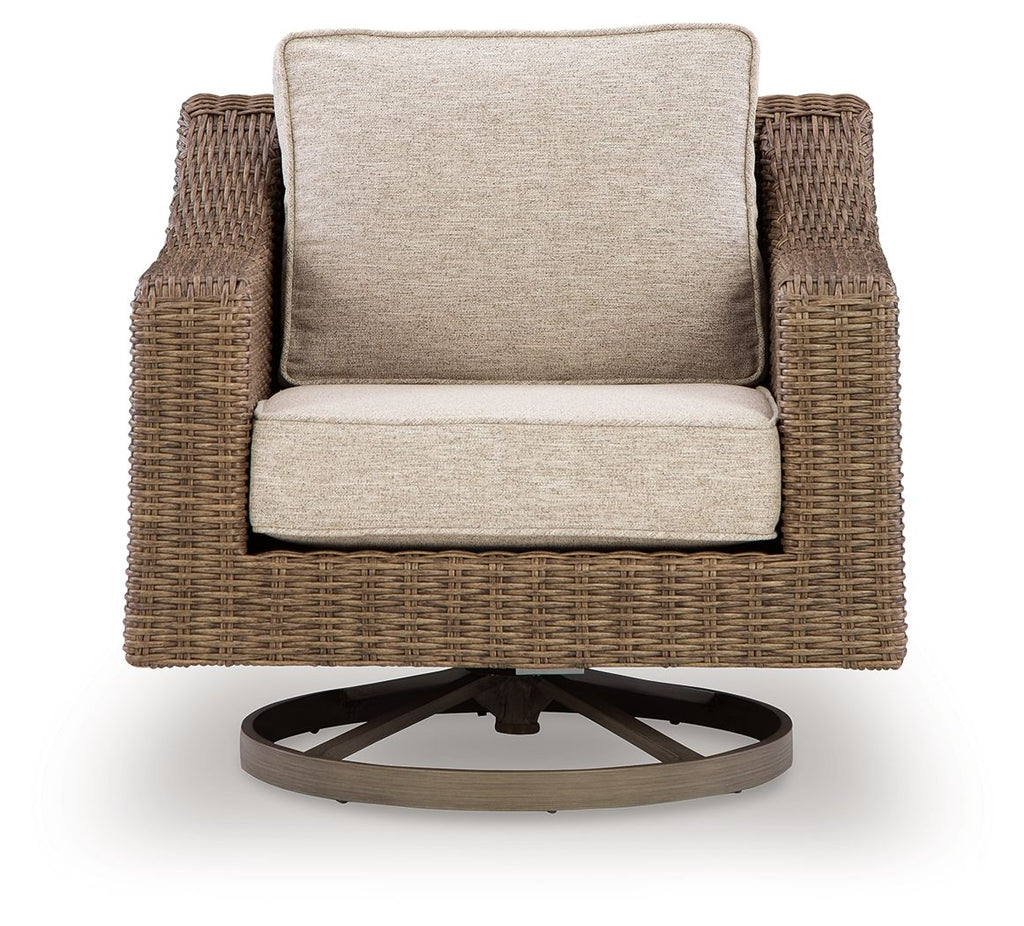 Beige-cushioned swivel lounge chair with woven brown wicker and circular base