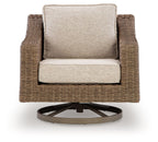 Beige-cushioned swivel lounge chair with woven brown wicker and circular base