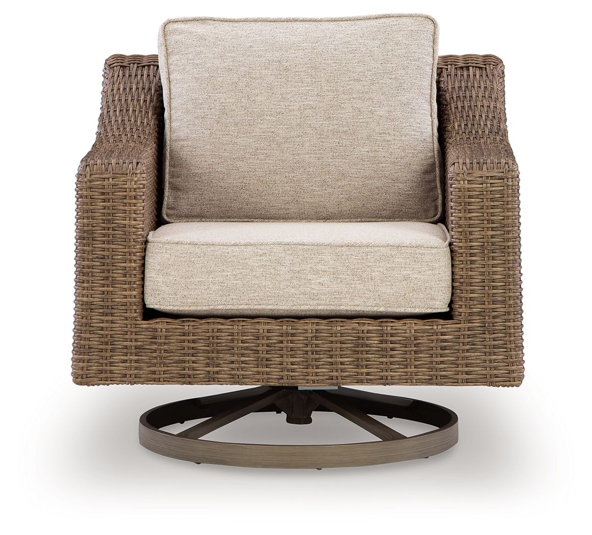 Beige-cushioned swivel lounge chair with woven brown wicker and circular base