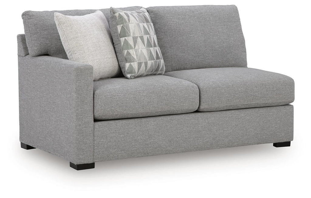 Pewter gray left-arm sofa with two seats, armrest, and patterned throw pillows