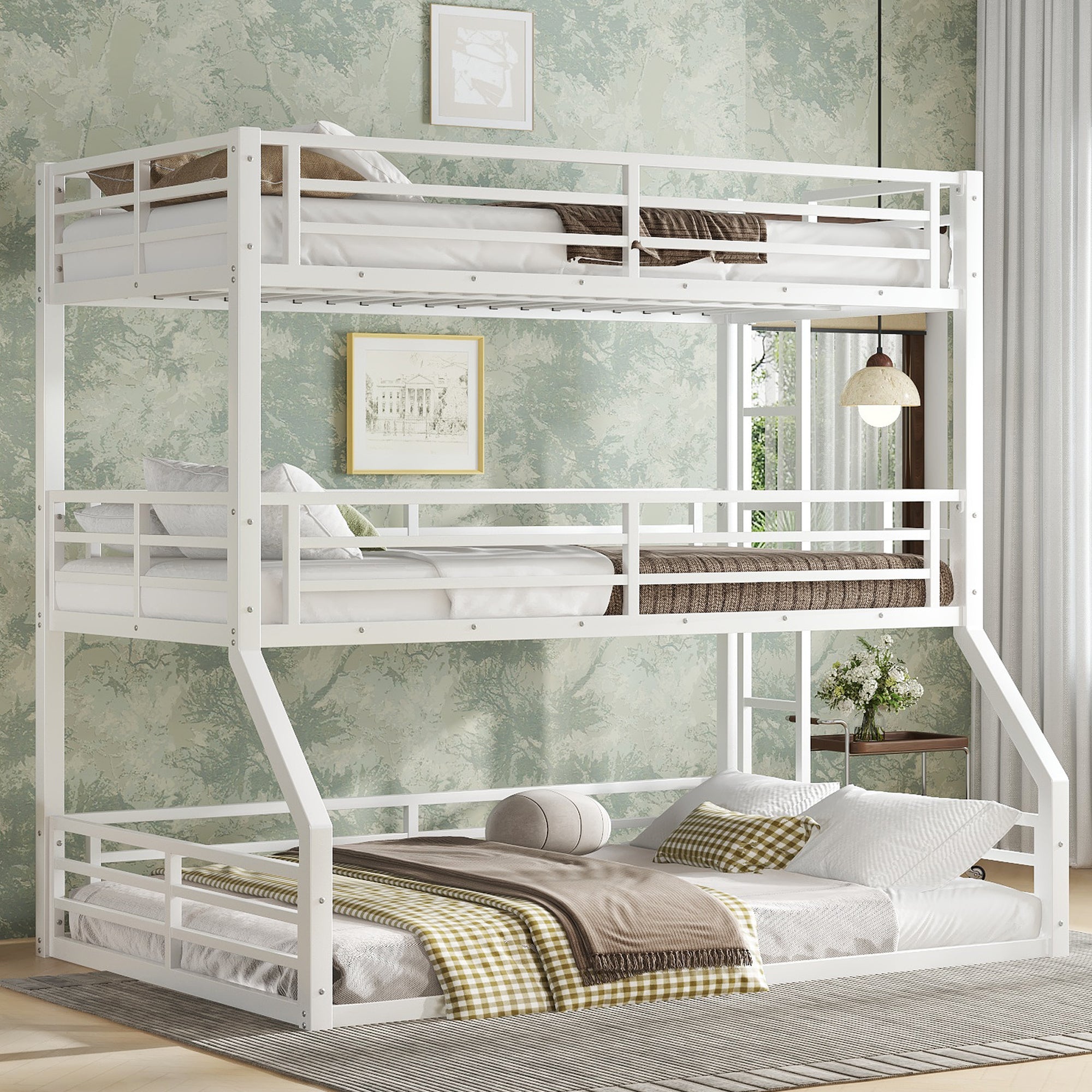White Metal Triple Bunk Bed: Twin over Twin over Full, Heavy-duty