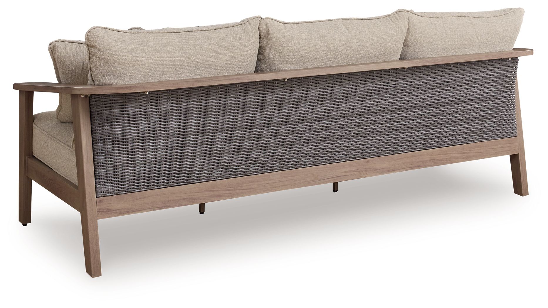 Sofa with cushions in natural beige with woven gray lower panel and two back pillows