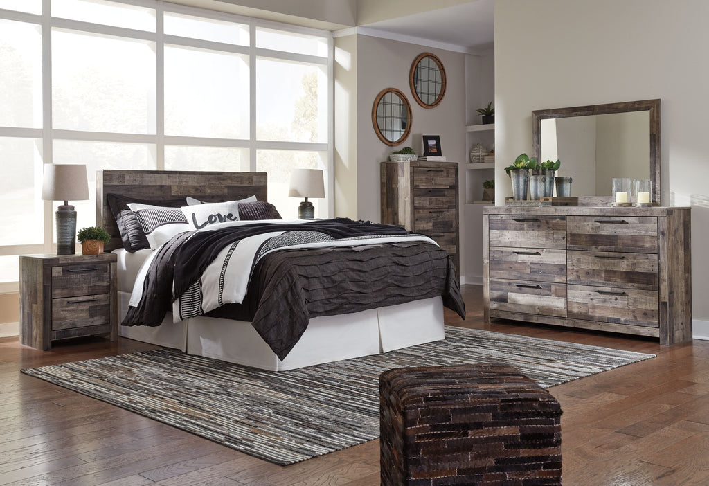 Two-drawer night stand with gray wood-look panels and two bar-handled drawers.